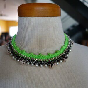 Venessa Arizaga "Valley of Dolls" necklace gunmetal pl brass w skulls and pearls